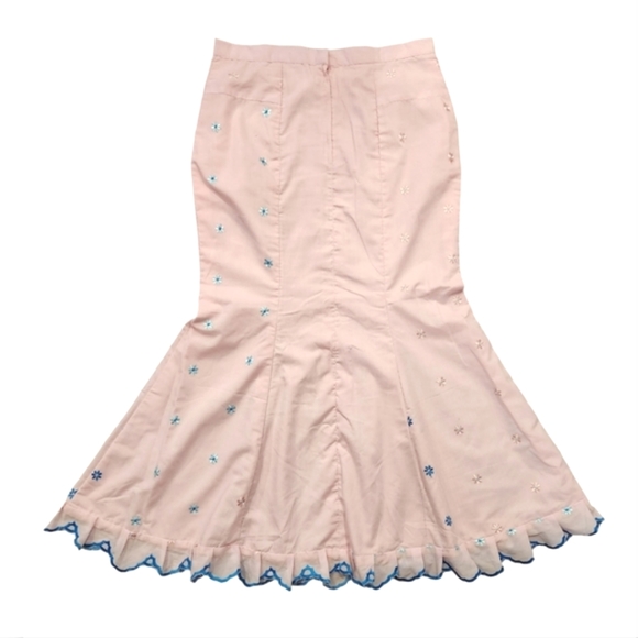 Vintage Mermaid Pink Cotton Maxi Skirt with Embroidered Flowers - Picture 3 of 8